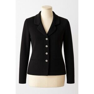 ST. JOHN Santana Knit Black Blazer, Faux Pockets, Size 10, Rhinestone Buttons